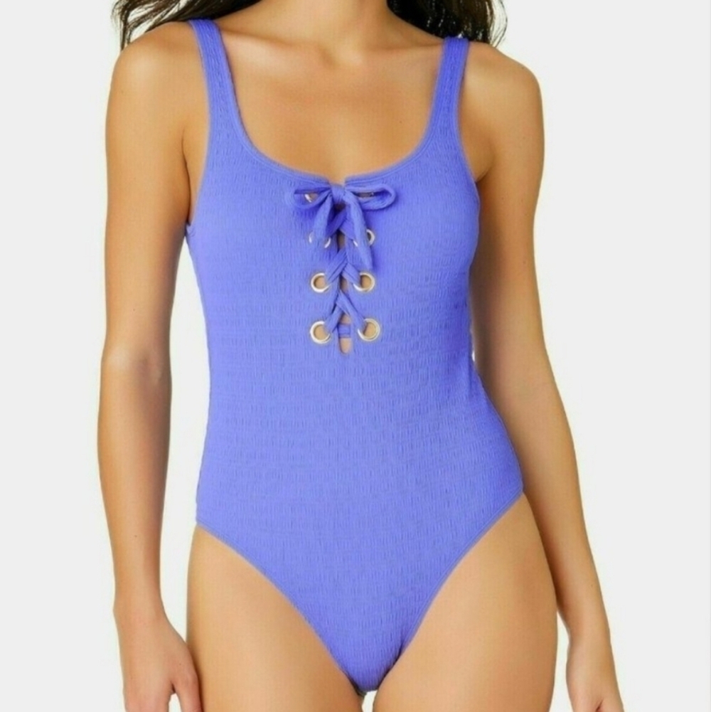 California Waves Textured Grommet One Piece Lace up Swimsuit Blue S